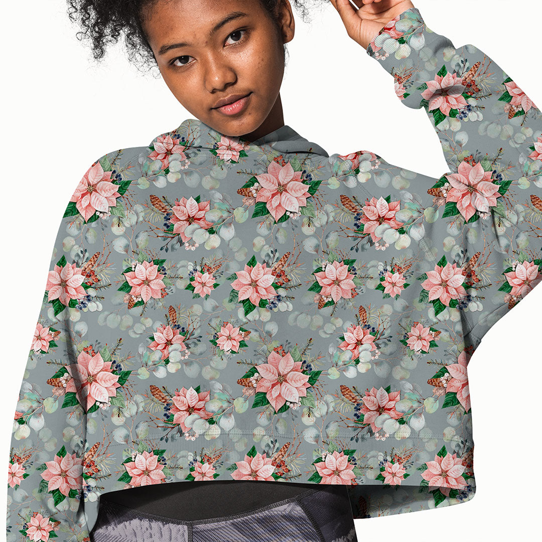 Pink Poinsettia Grey Fabric