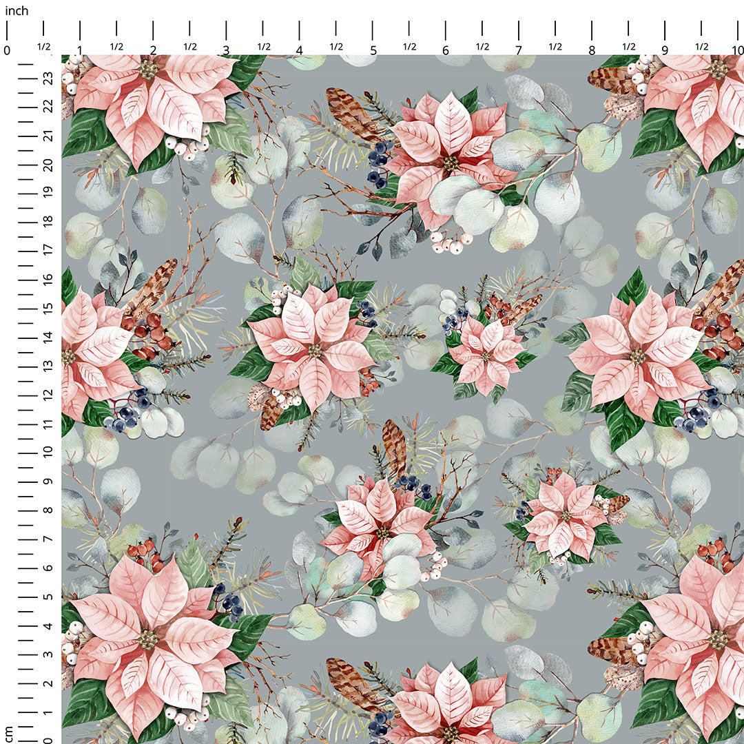 Pink Poinsettia Grey Fabric