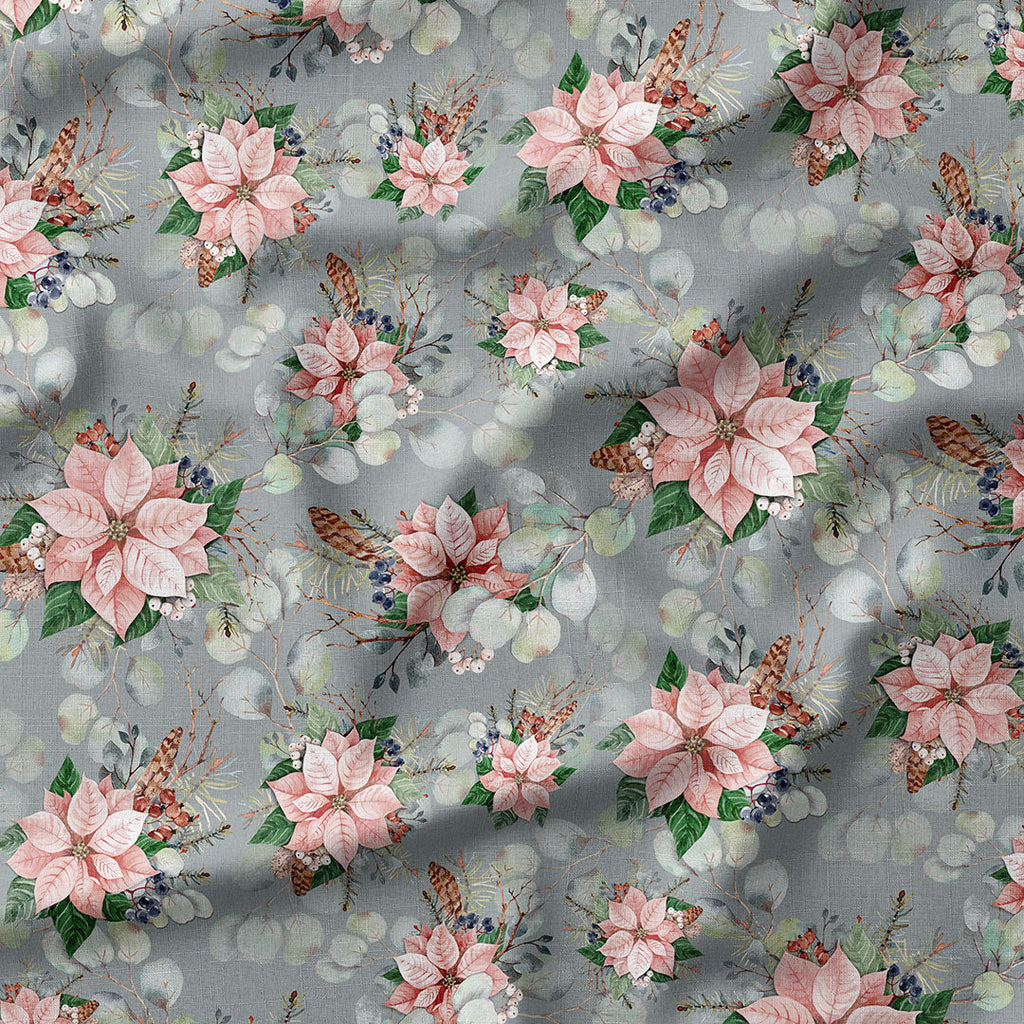 Pink Poinsettia Grey Fabric