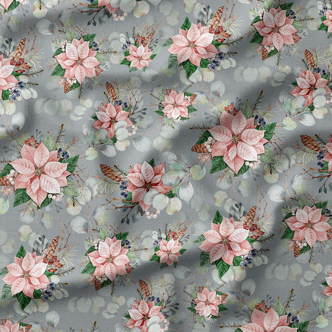 Pink Poinsettia Grey Fabric