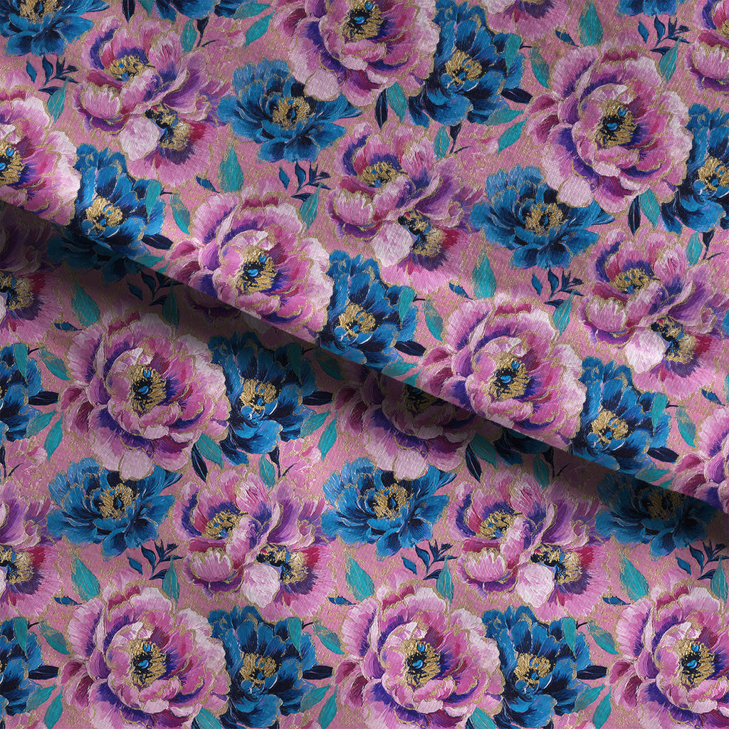Pink and Blue Peonies Fabric