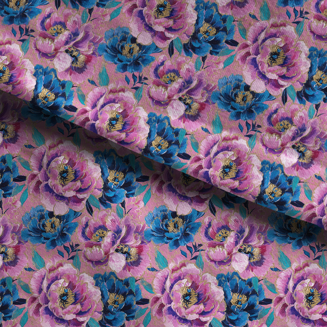 Pink and Blue Peonies Fabric