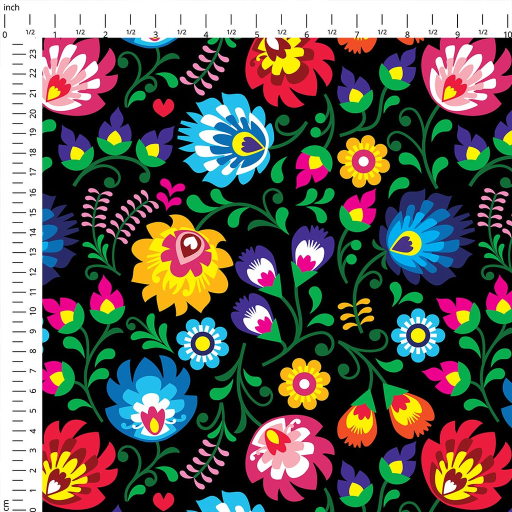 Polish Folklore Lowicz Black Floral Fabric