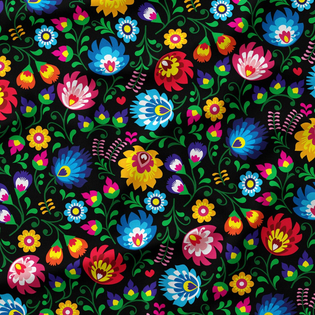 Polish Folklore Lowicz Black Floral Fabric