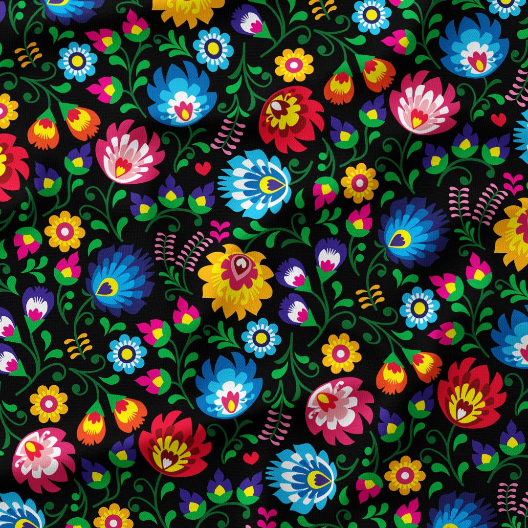 Polish Folklore Lowicz Black Floral Fabric