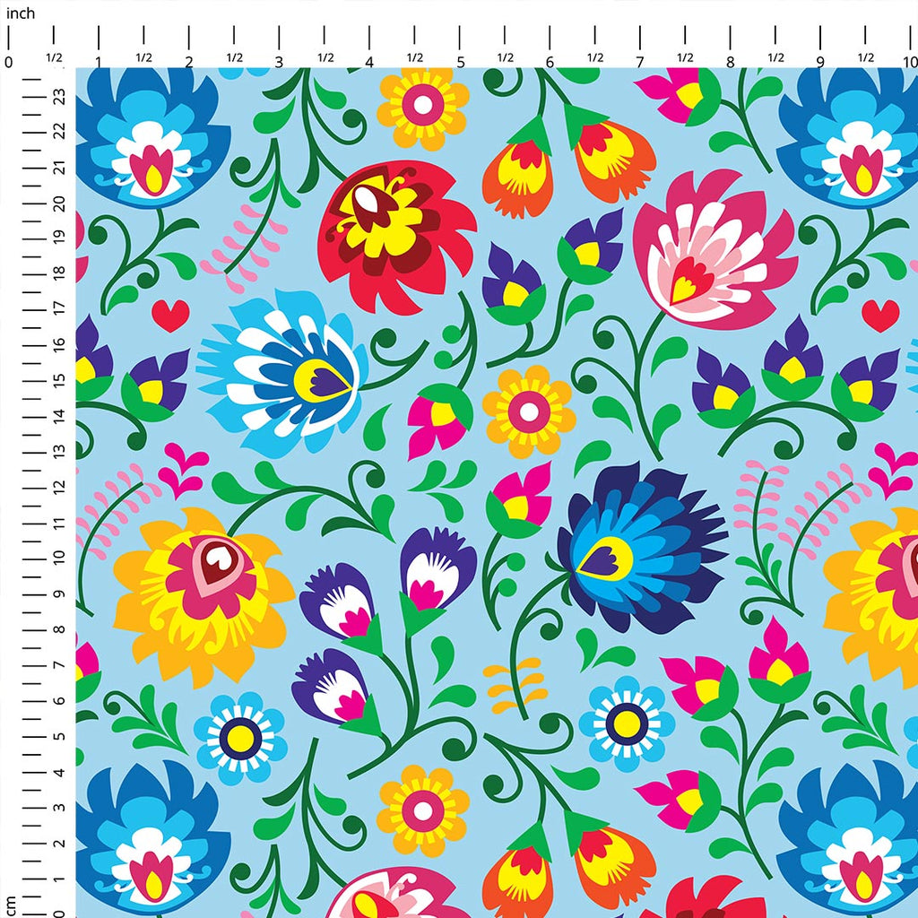 Polish Folklore Lowicz Blue Floral Fabric