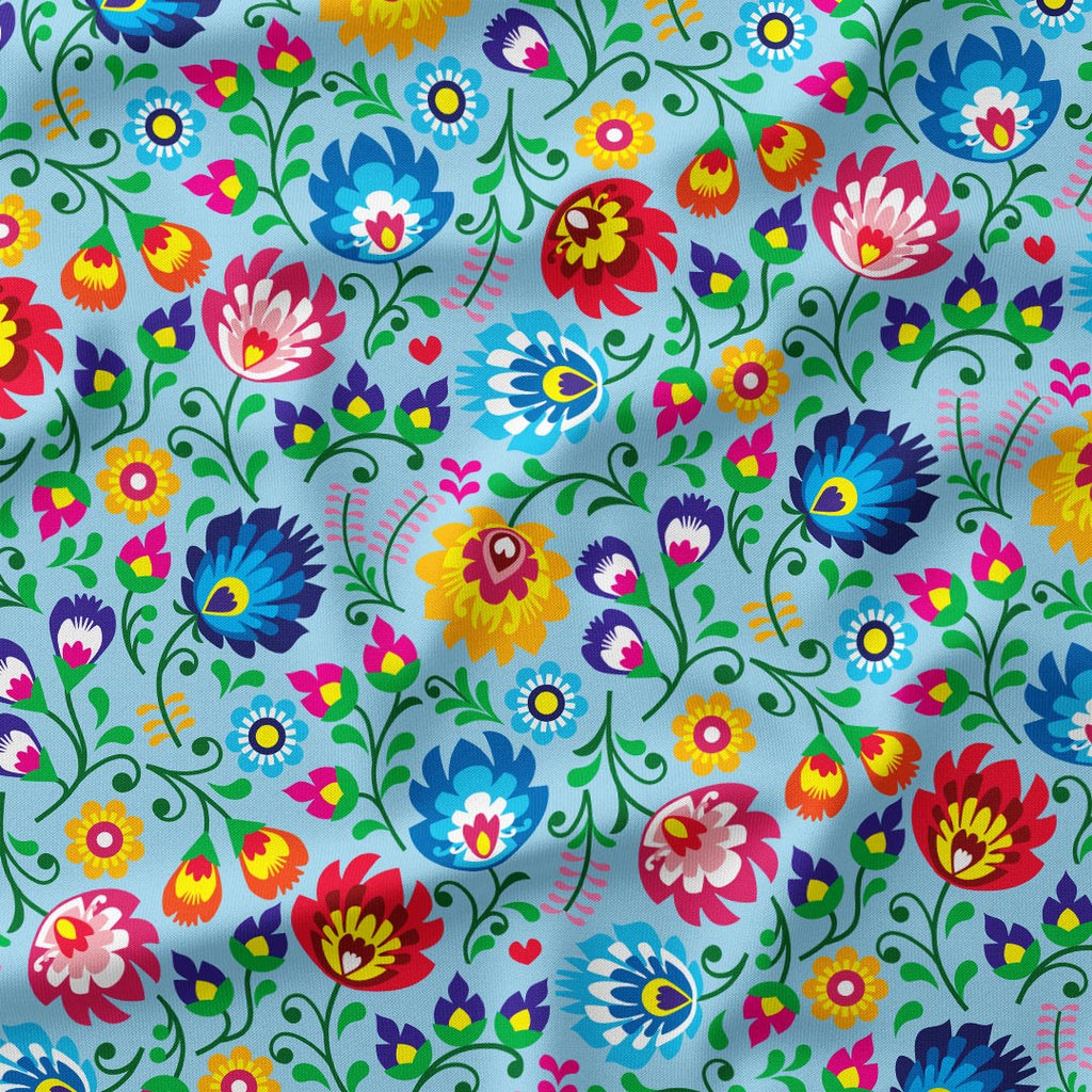 Polish Folklore Lowicz Blue Floral Fabric