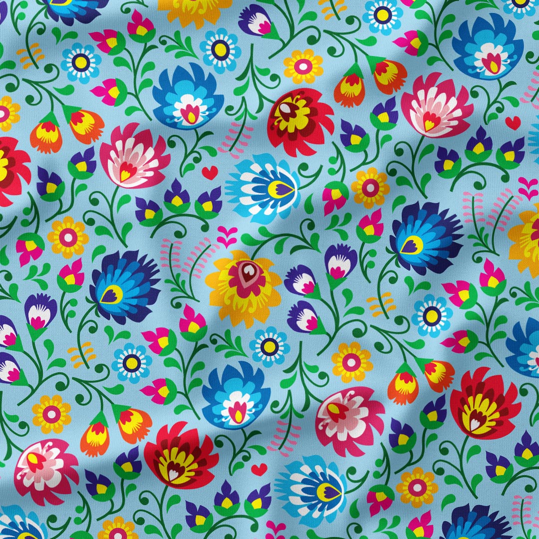 Polish Folklore Lowicz Blue Floral Fabric