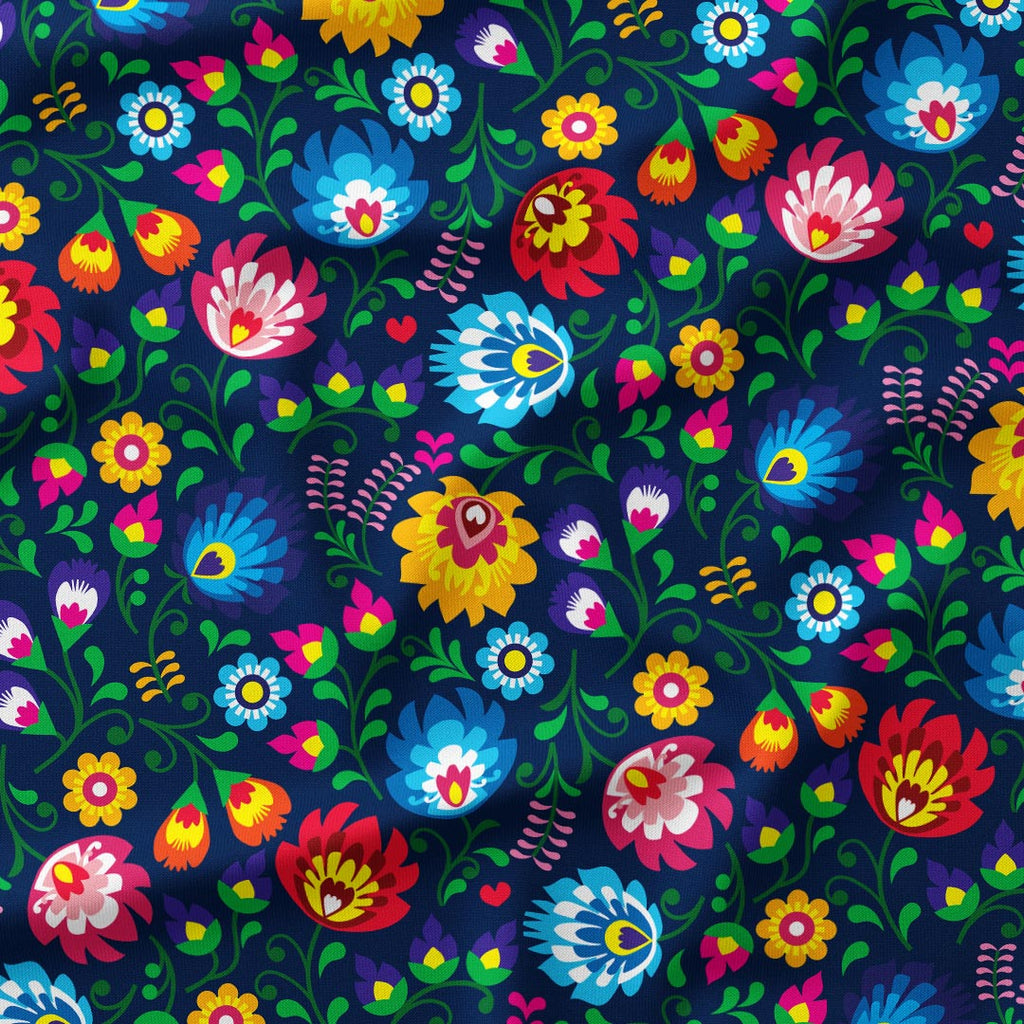Polish Folklore Lowicz Navy Floral Fabric