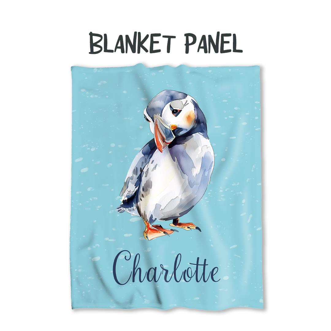 Personalised Puffin Aqua Fabric Blanket panel for sewing blankets ...