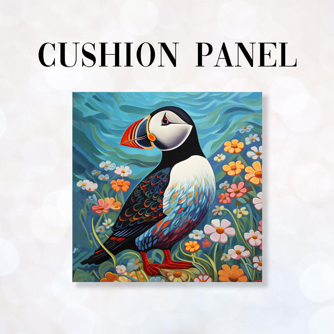 CUSHION Fabric Panel Puffin and Flowers