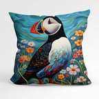 CUSHION Fabric Panel Puffin and Flowers