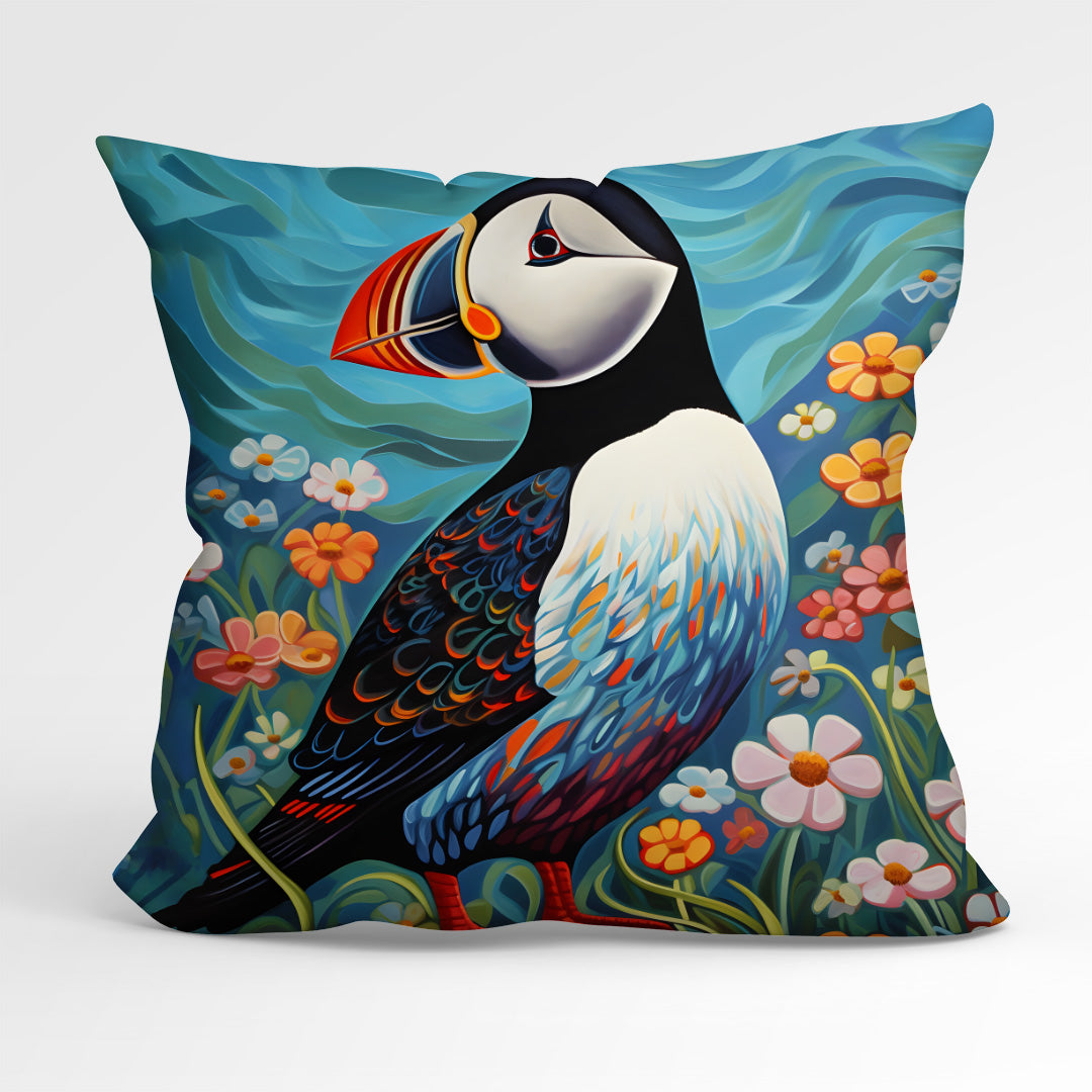 CUSHION Fabric Panel Puffin and Flowers