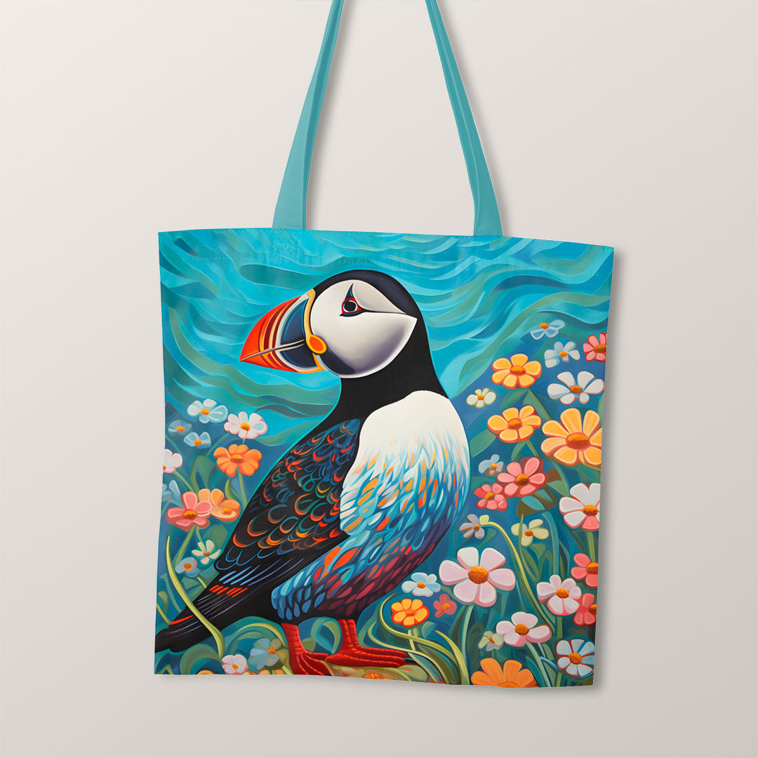TOTE Puffin and Flowers Fabric Bag Panel
