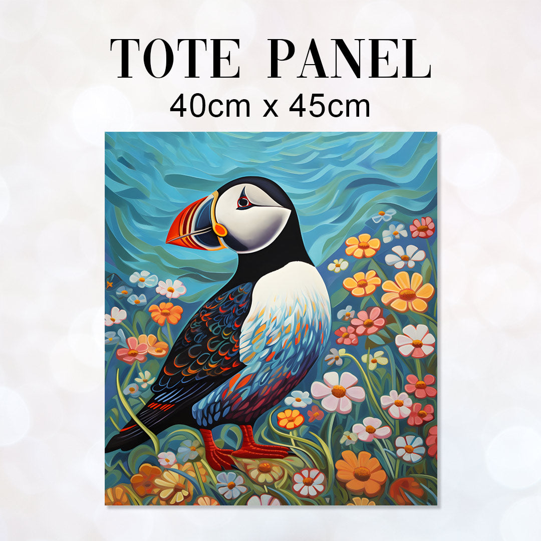 TOTE Puffin and Flowers Fabric Bag Panel