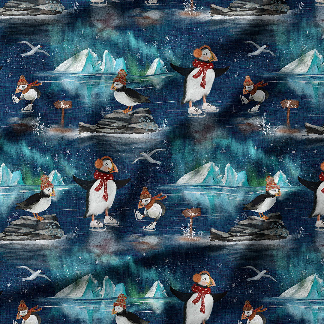 Puffins Ice Skating Winter Fabric for Home Decor, Sewing Clothes and ...