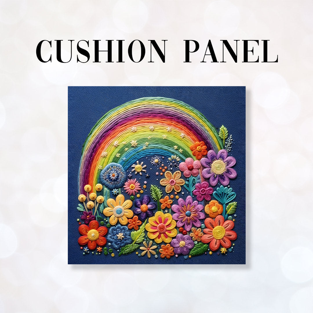 CUSHION Fabric Panel Rainbows and Flowers Navy