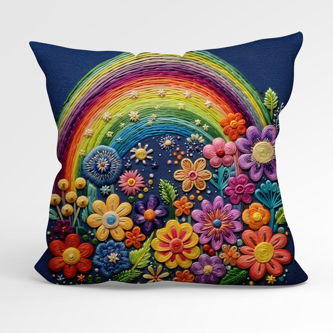 CUSHION Fabric Panel Rainbows and Flowers Navy
