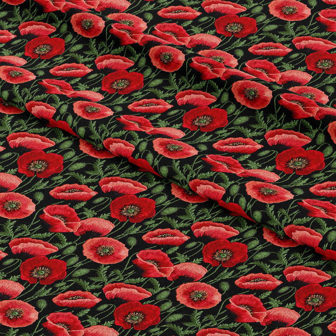 Red Poppies On Black Fabric