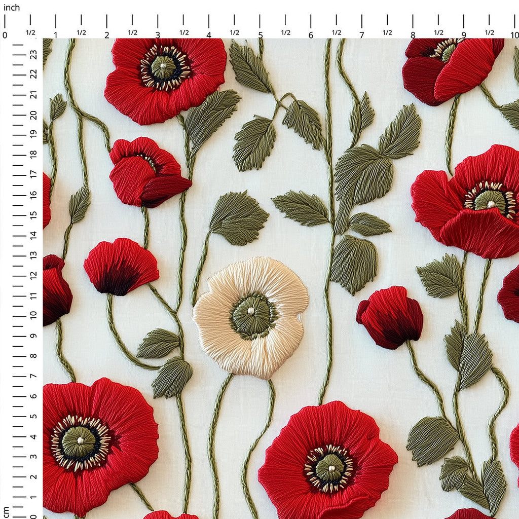 Red Poppies On Cream Fabric