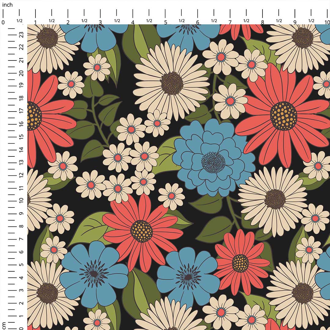 Retro Floral Blue Fabric