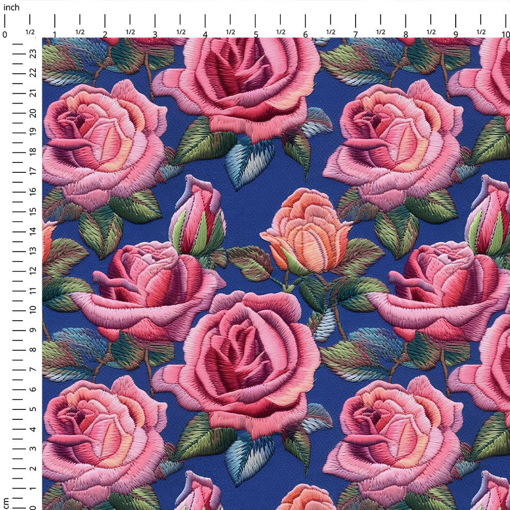 Roses on Blue Embroidery Fabric