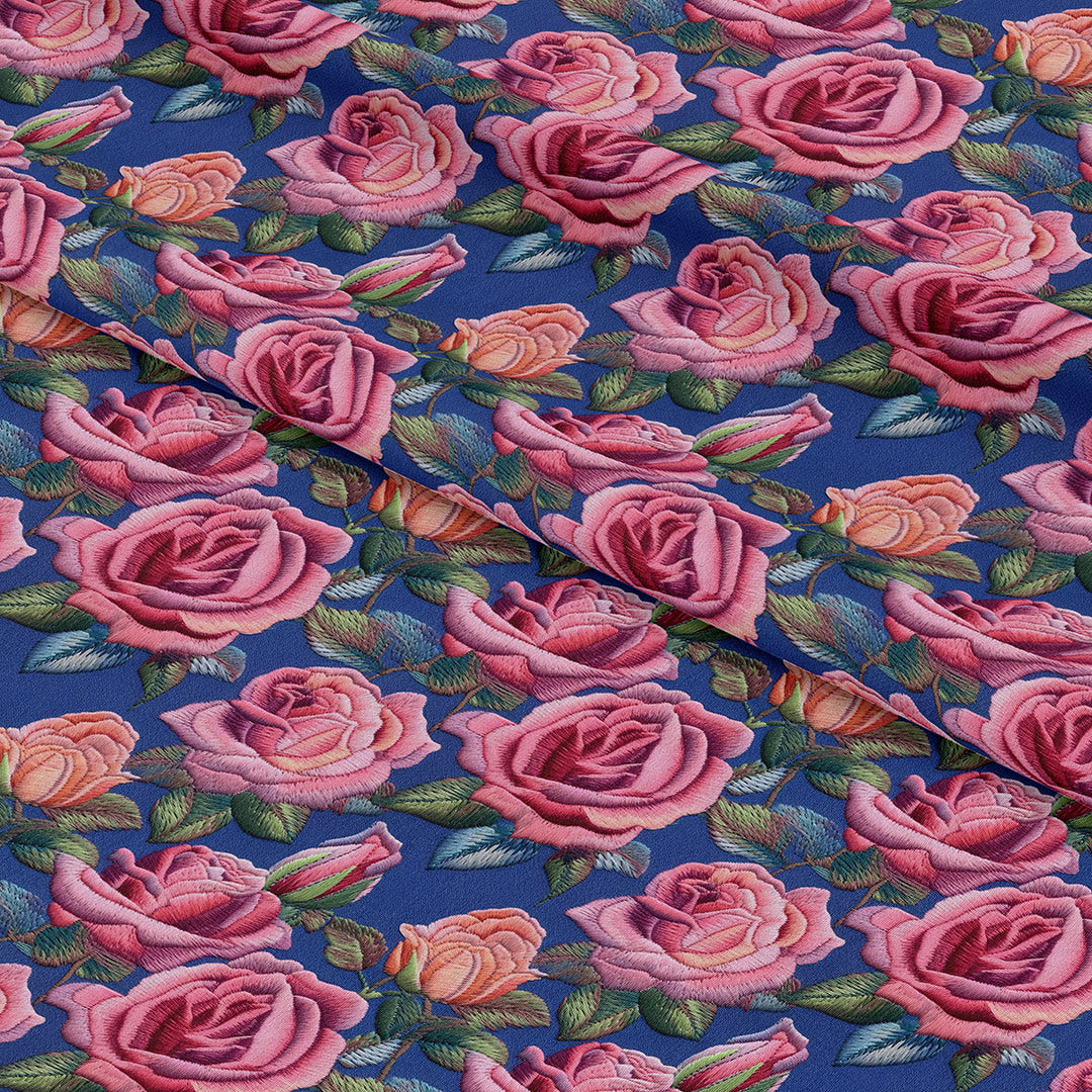 Roses on Blue Embroidery Fabric