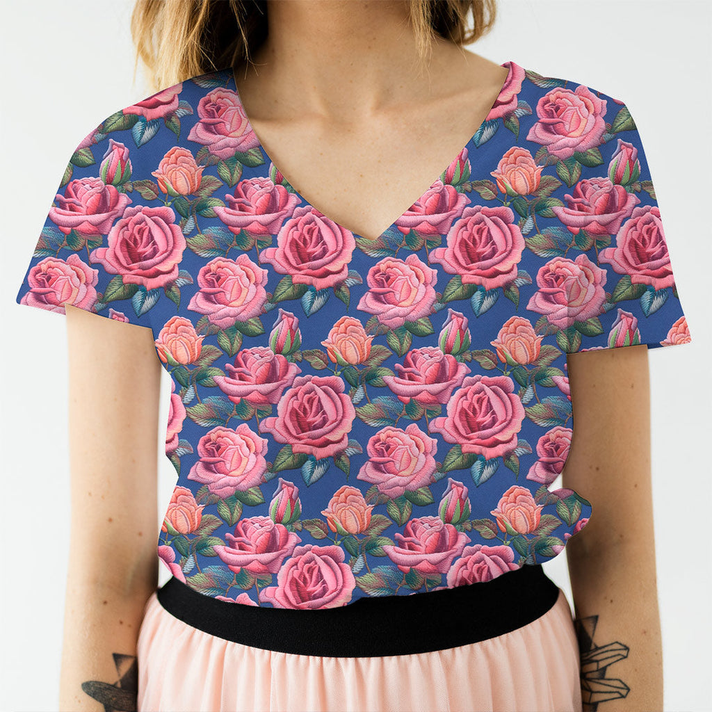 Roses on Blue Embroidery Fabric