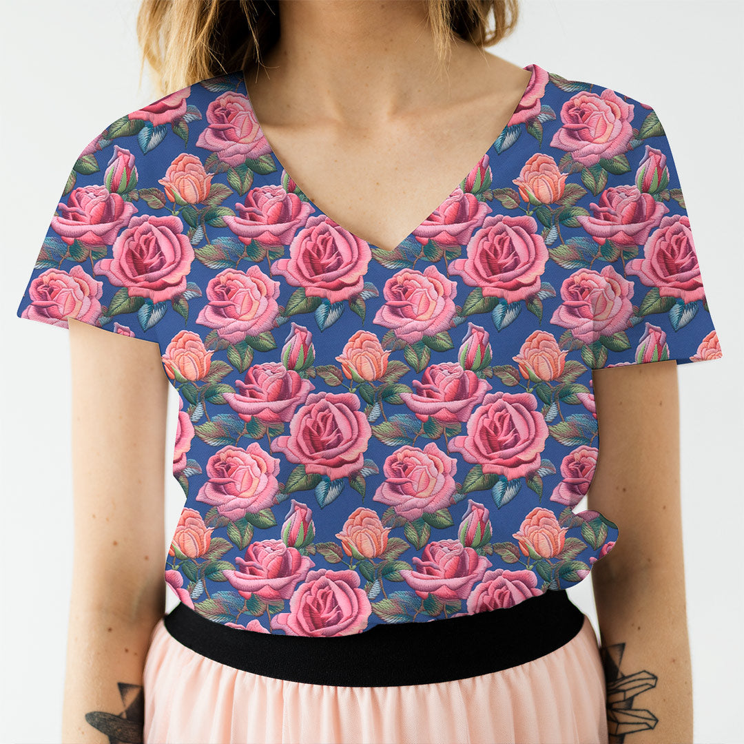 Roses on Blue Embroidery Fabric