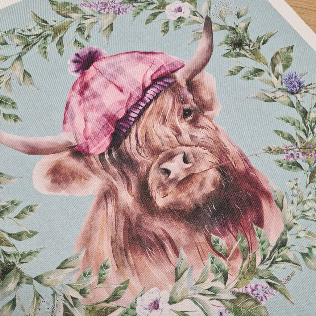 CUSHION Fabric Panel Highland Cow with Hat Blue SC-1