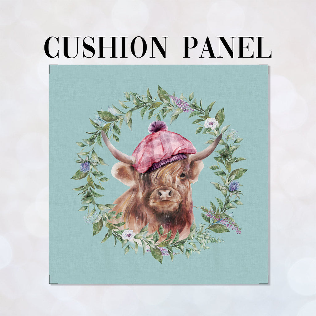 CUSHION Fabric Panel Highland Cow with Hat Blue SC-1