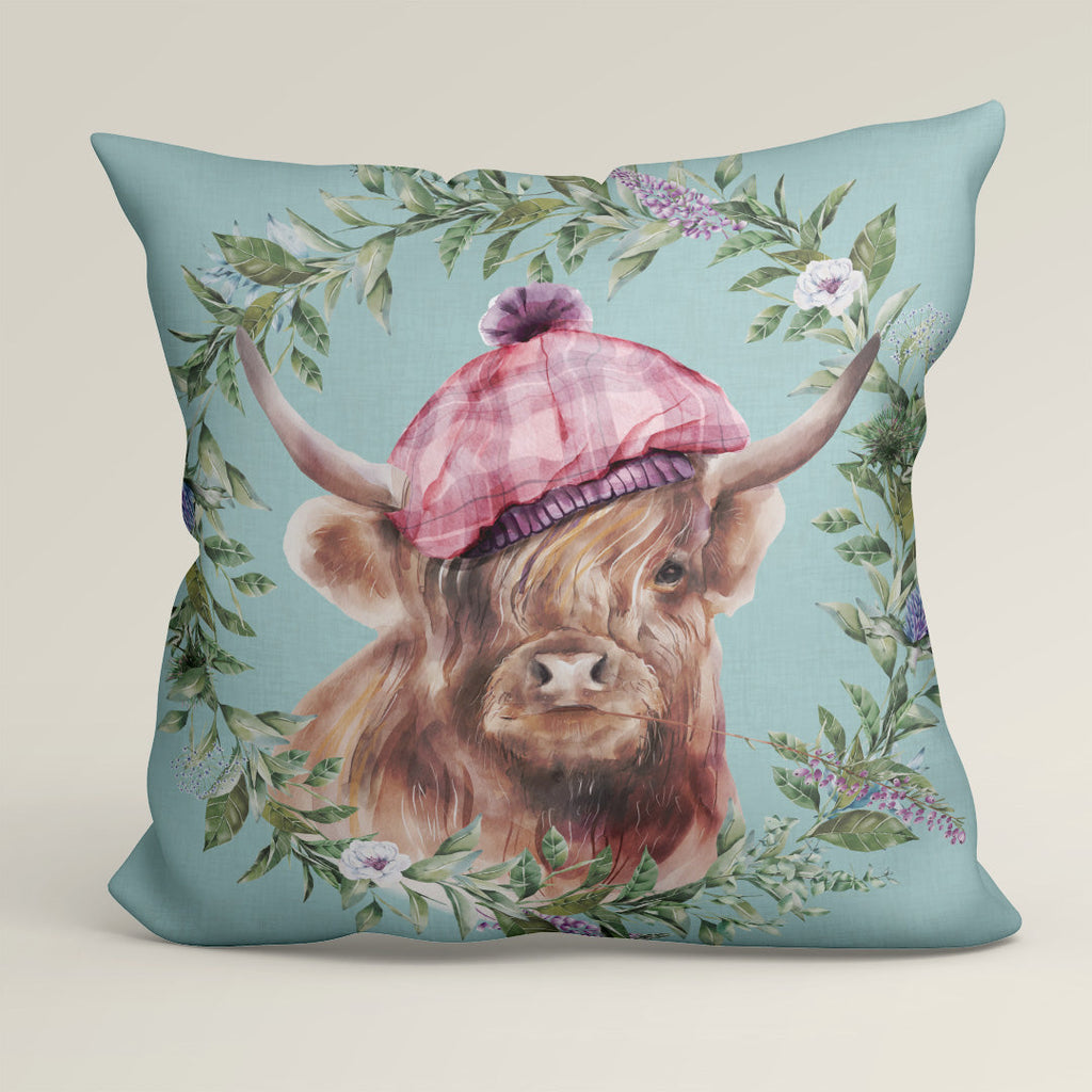 CUSHION Fabric Panel Highland Cow with Hat Blue SC-1
