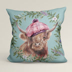 CUSHION Fabric Panel Highland Cow with Hat Blue SC-1