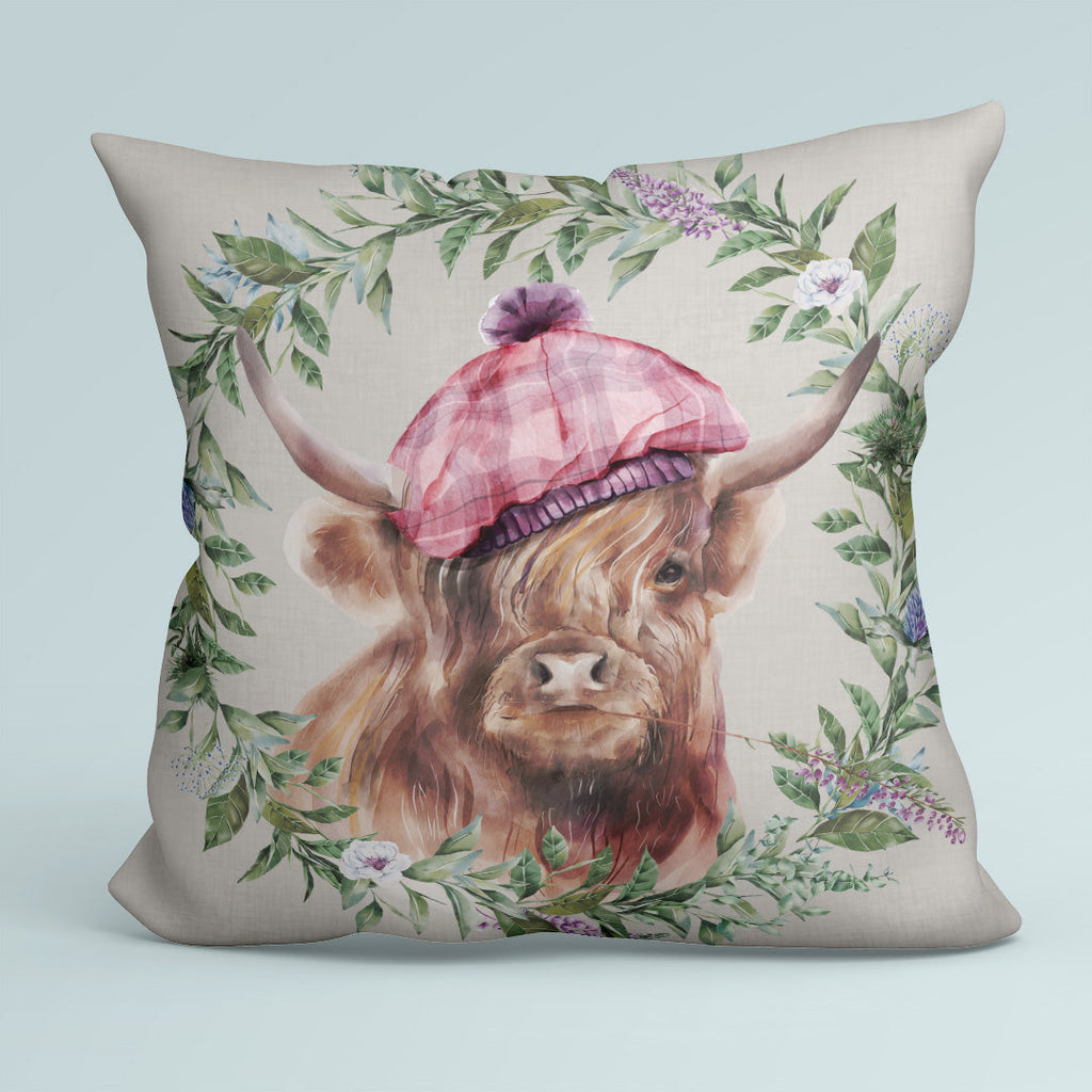 CUSHION Fabric Panel Highland Cow with Hat Grey SC-2