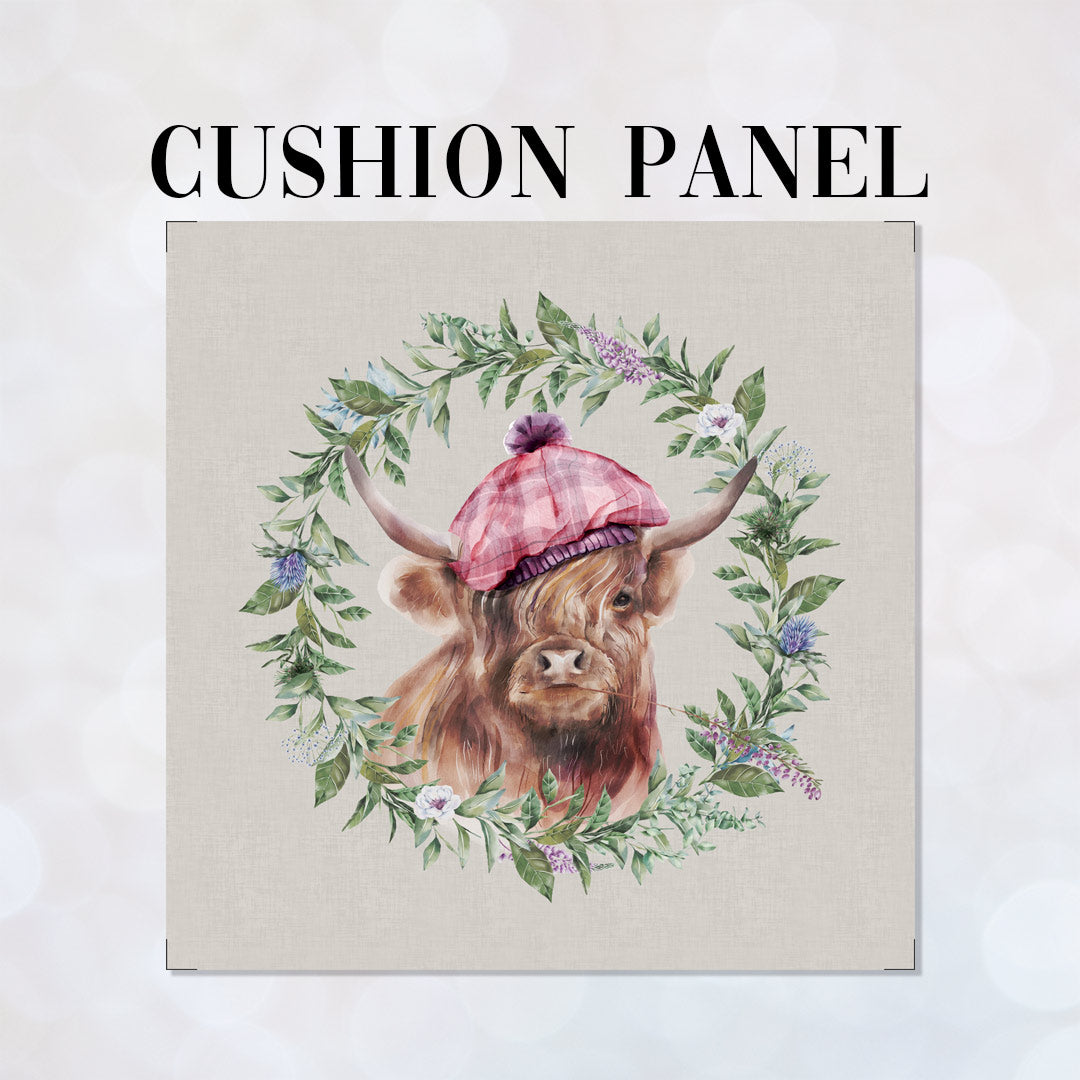 CUSHION Fabric Panel Highland Cow with Hat Grey SC-2