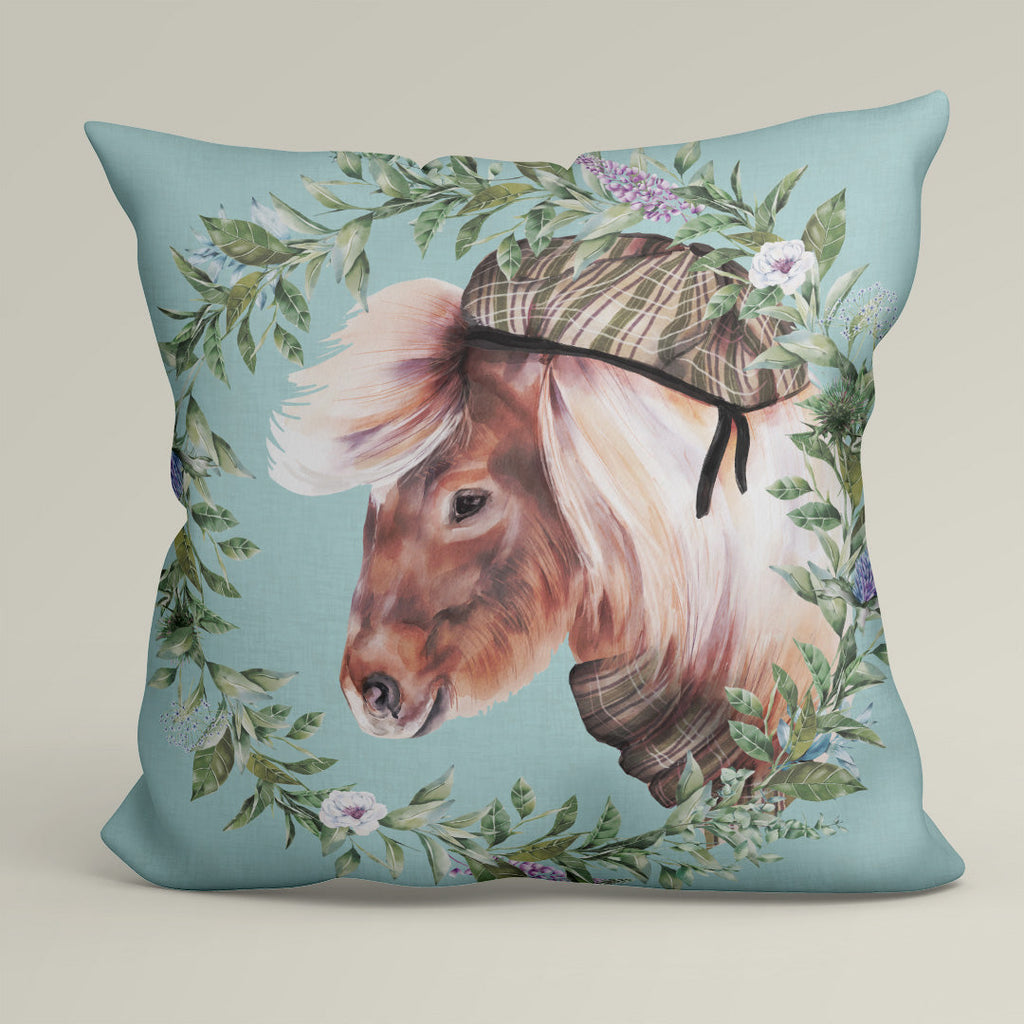 CUSHION Fabric Panel Shetland Pony with Hat Blue SC-31
