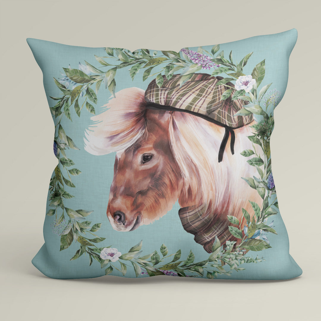 CUSHION Fabric Panel Shetland Pony with Hat Blue SC-31
