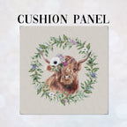 CUSHION Fabric Panel Highland Cow with Flower Grey SC-33