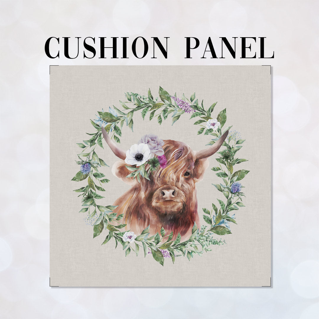 CUSHION Fabric Panel Highland Cow with Flower Grey SC-33