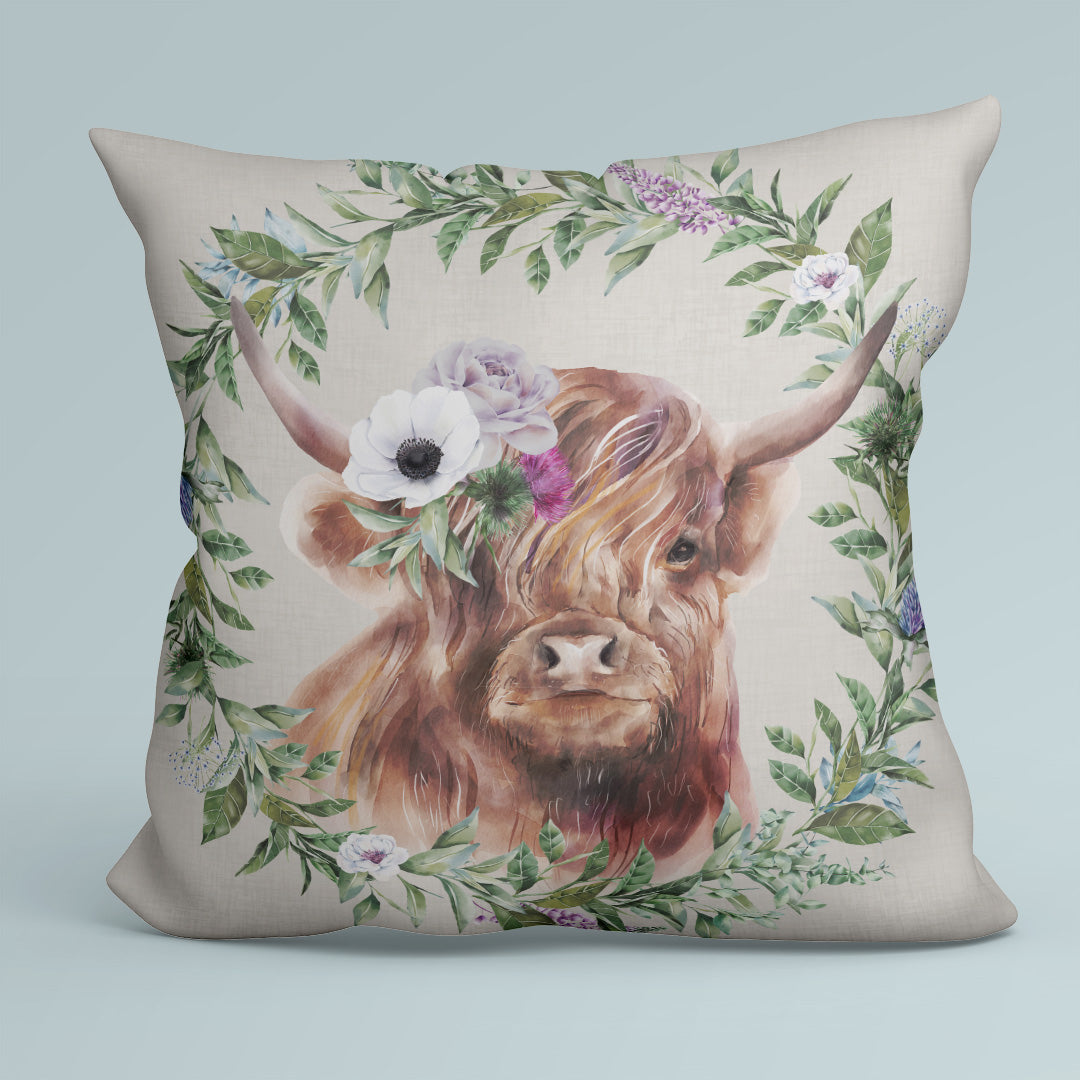CUSHION Fabric Panel Highland Cow with Flower Grey SC-33