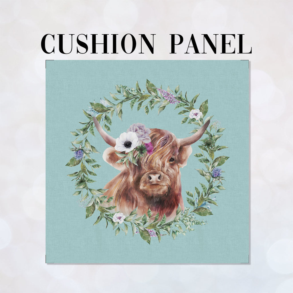 CUSHION Fabric Panel Highland Cow with Flower Blue SC-34