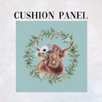 CUSHION Fabric Panel Highland Cow with Flower Blue SC-34