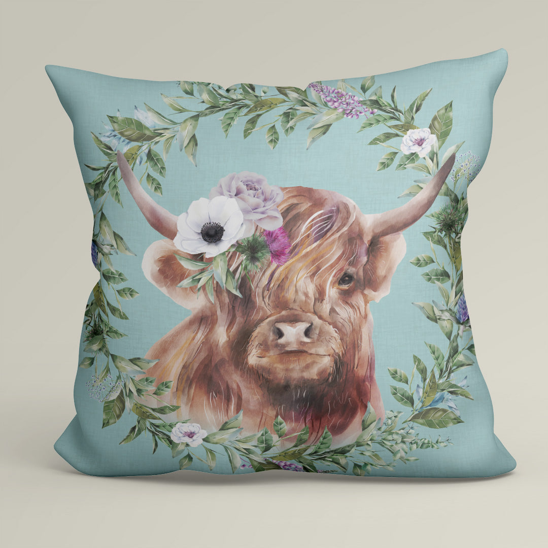 CUSHION Fabric Panel Highland Cow with Flower Blue SC-34