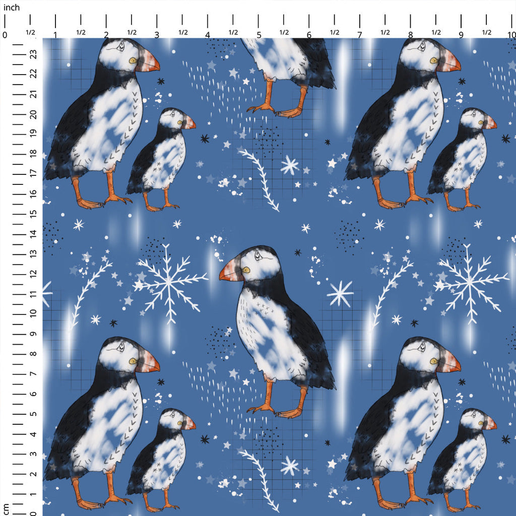 Sketched Puffins Blue Fabric