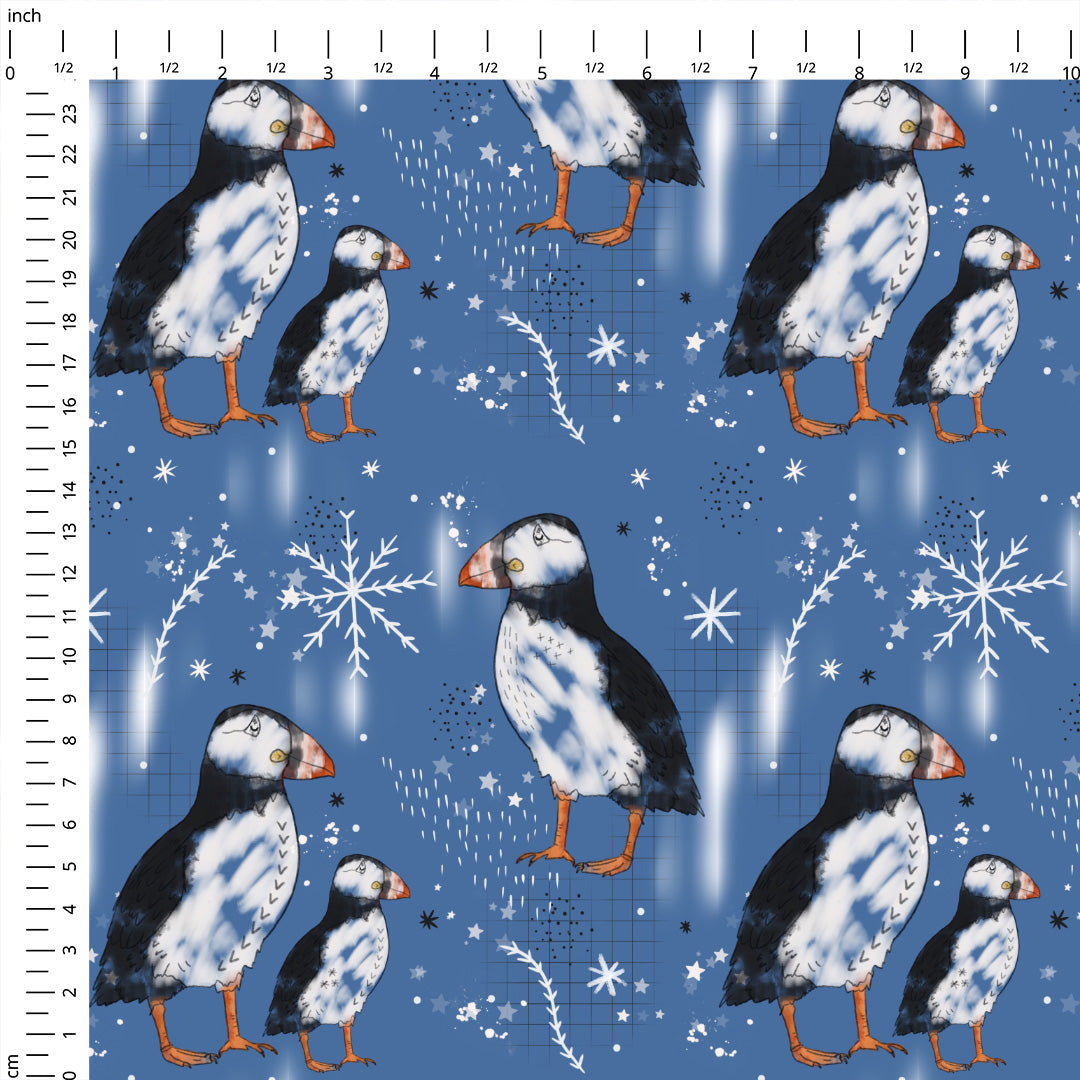 Sketched Puffins Blue Fabric