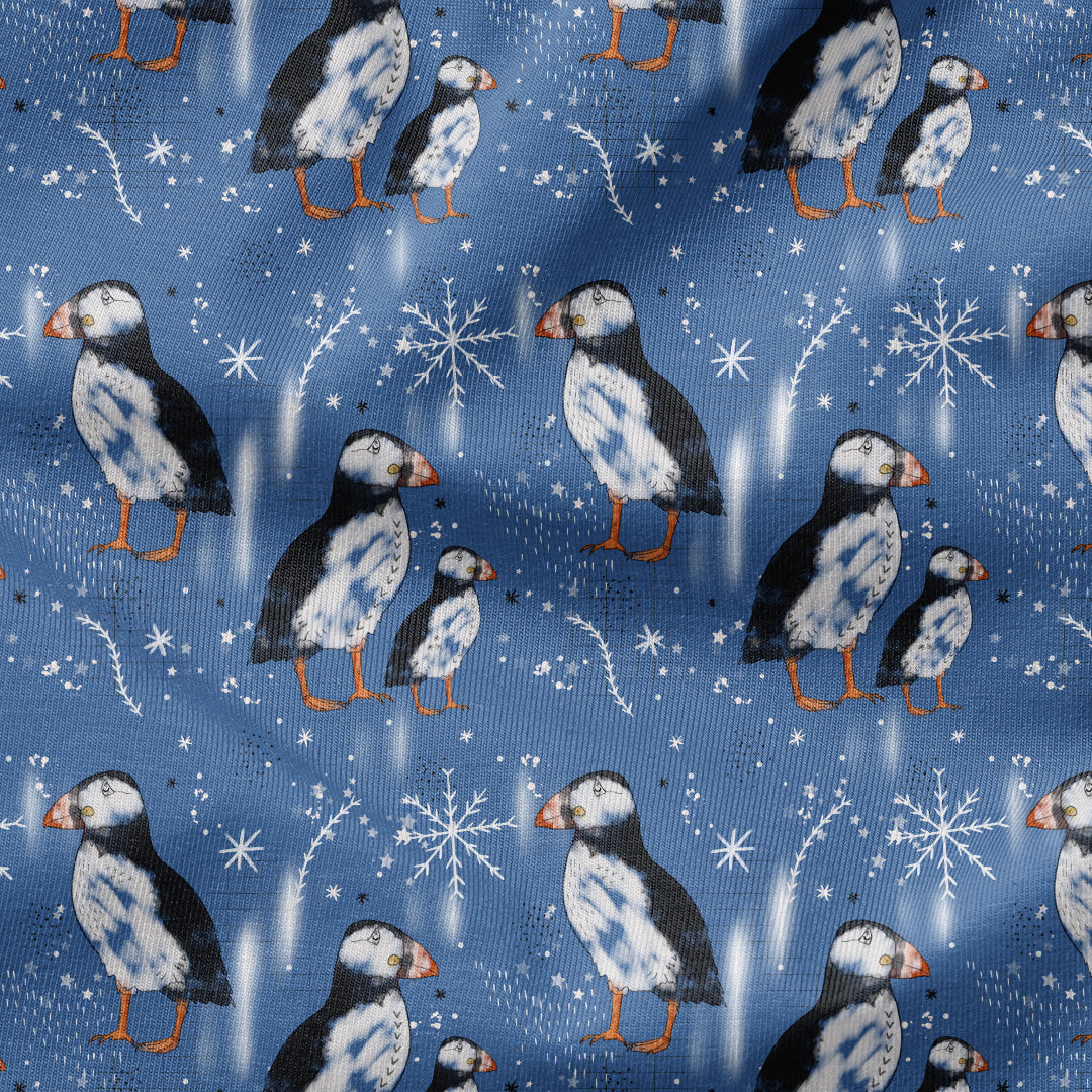 Sketched Puffins Blue Fabric