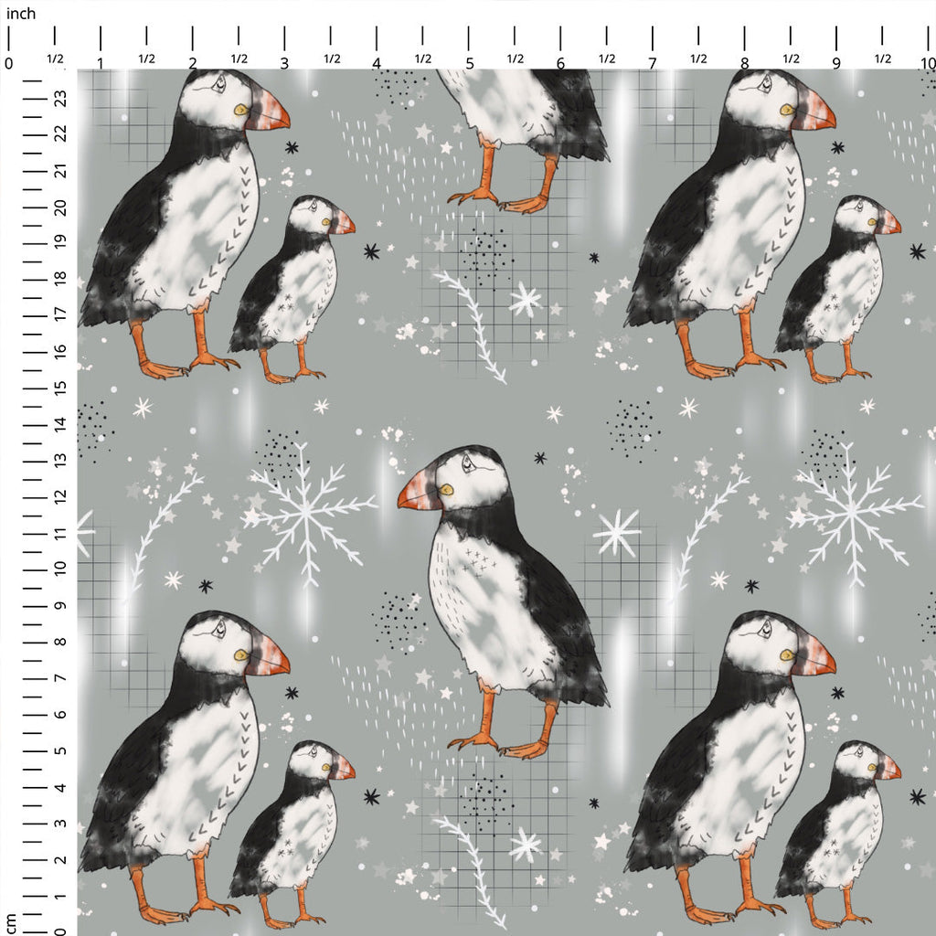 Sketched Puffins Grey Fabric