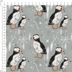 Sketched Puffins Grey Fabric