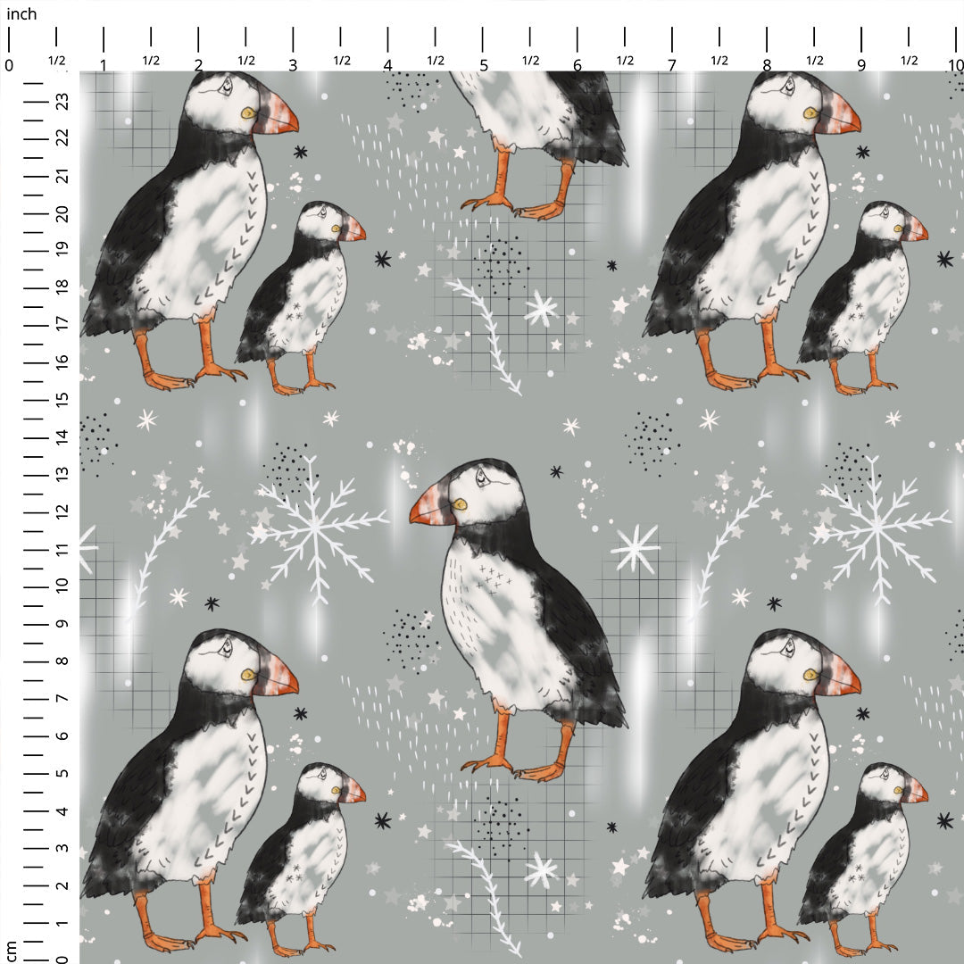 Sketched Puffins Grey Fabric
