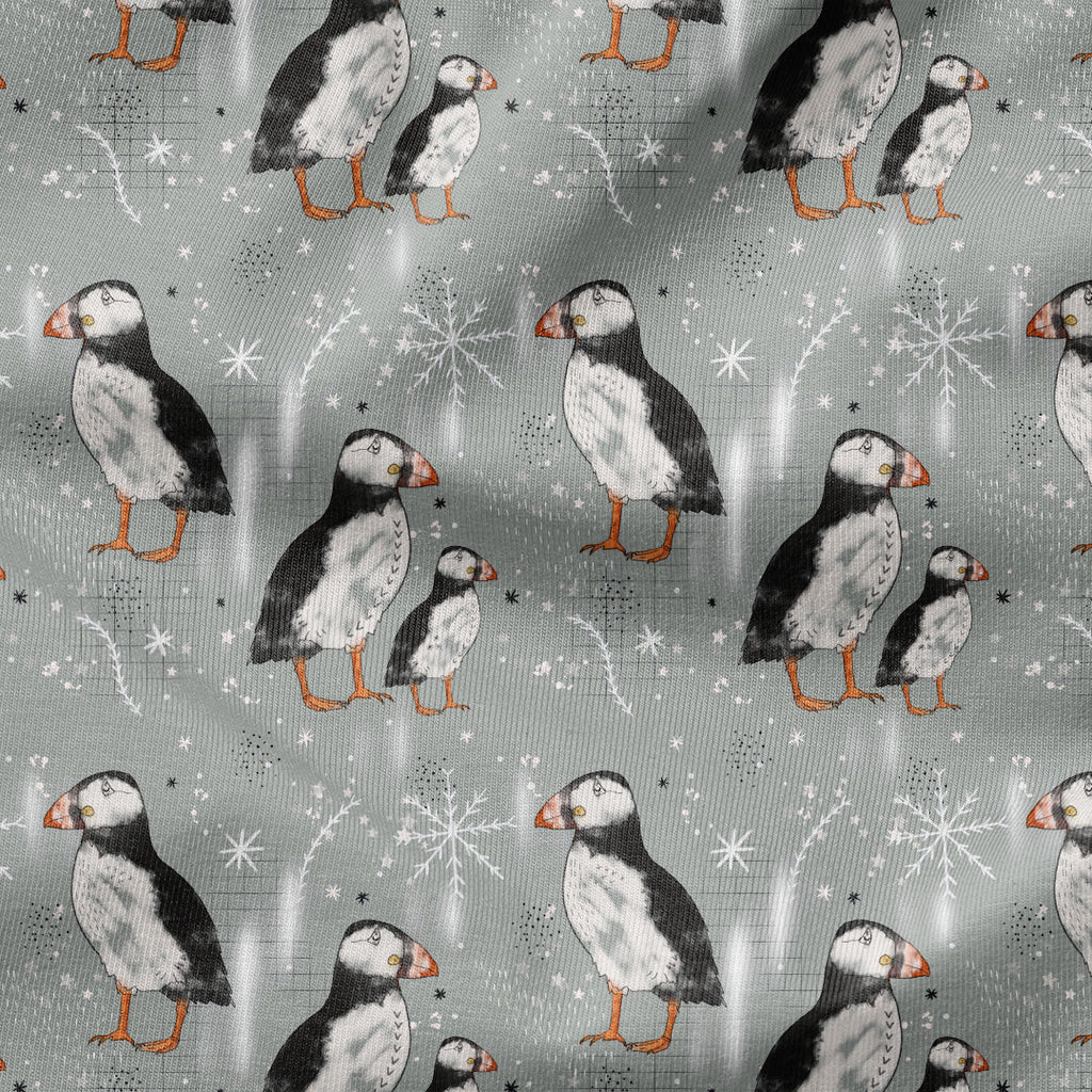 Sketched Puffins Grey Fabric